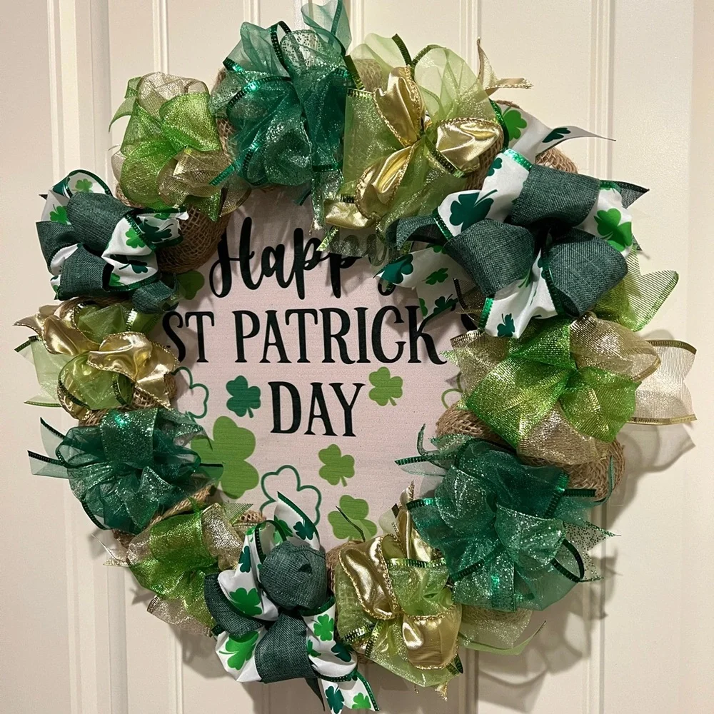 17” Happy St. Patrick’s Day Ribbon Wreath shamrocks in Green, White Handmade W4